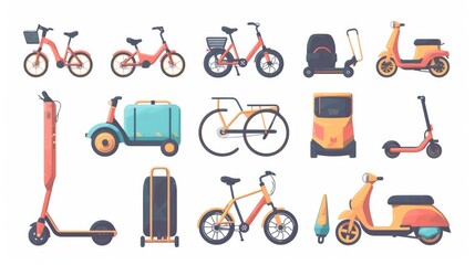 Transportation for food delivery service, icon set of bike, bicycle, kick scooter, and longboard. Electric transport icons for rental service. Isolated vector illustration