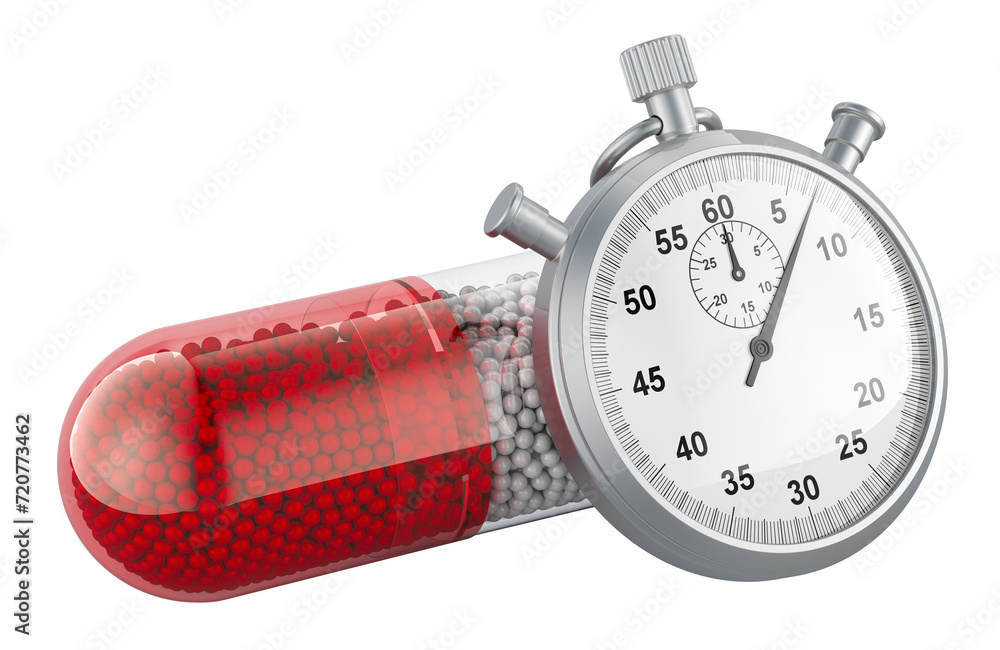 Poster medicament capsule with stopwatch, 3d rendering isolated on transparent background