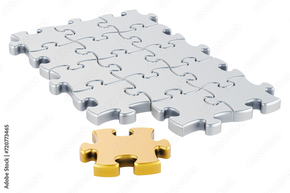 Aufkleber metallic puzzles with one golden puzzle, 3d rendering isolated on transparent background