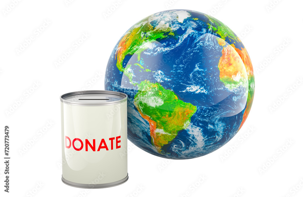 Poster donation can with earth globe, 3d rendering isolated on transparent background
