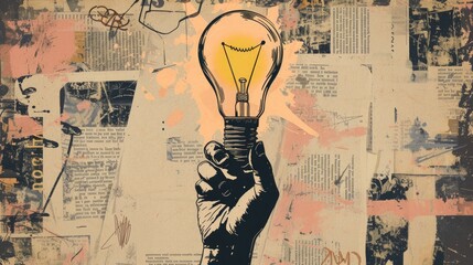 Vector collage grunge banner. A hand cut out of paper holds a light bulb that symbolizes an idea. Clippings from a magazine with text. Doodle elements on retro poster