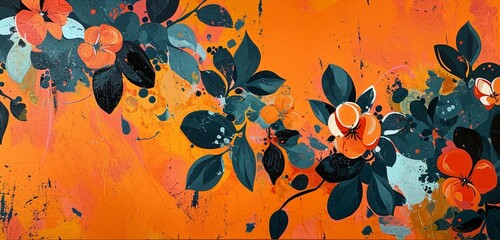 Vibrant tangerine serves as the background for an explosion of abstract floral motifs, creating a lively and energetic composition that demands attention.