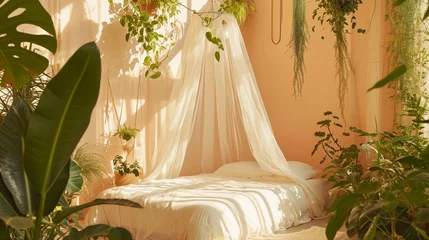 Fotobehang An ethereal bed canopy in white sheer fabric, surrounded by walls of soft peach color in a room filled with plants © Shahjahan
