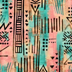Pink, teal, and brown seamless African pattern, tribal motifs grunge texture on textile background