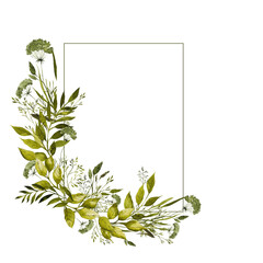 Watercolor hand draw frame with spring flowers, herbs, grass, isolated on transparent background, PNG files. 