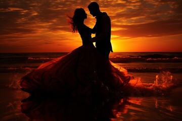 Fototapeta na wymiar enchanting silhouette of couple dancing gracefully at mesmerizing sunset scene