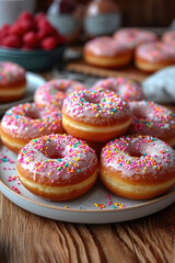 Obraz na płótnie Canvas Donuts with powdered sugar glaze and colorful sprinkles arranged on a plate in a pyramid