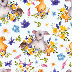 Seamless pattern with watercolor hand draw flowers and farm baby animals, lamb, goose, bunny, rabbit. Spring floral, cute characters, isolated on transparent background, PNG files