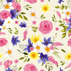 Seamless pattern with watercolor hand draw flowers and farm baby animals, lamb, goose, bunny, rabbit. Spring floral, cute characters, isolated on transparent background, PNG files