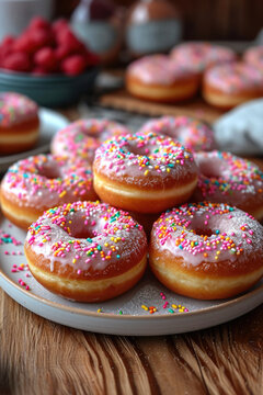 Donuts with powdered sugar glaze and colorful sprinkles arranged on a plate in a pyramid