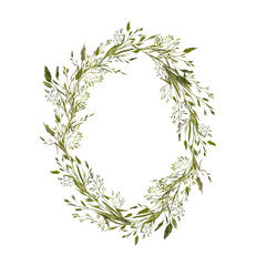 Watercolor hand draw wreath with spring flowers, leaves, herbs, grass, isolated on transparent background, PNG files. First spring floral.
