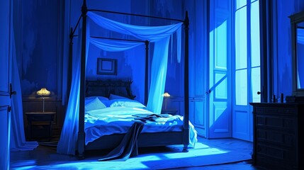 A bed canopy in a bold graphic novel style, set in a room with walls in a dynamic cobalt blue