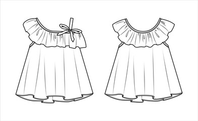 Vector sleeveless top with frills fashion CAD, girl cropped round neck blouse technical drawing, template, mock up, sketch. 2 pieces one shoulder blouse set flat, front, back view, white color