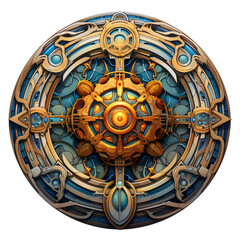 a fantasy blue and gold gear talisman on a transparent background png isolated