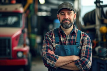 Portrait of truck repair shop owner with arms crossed looking at camera