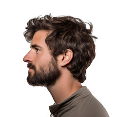 close-up side view of a young bearded man on a transparent background png isolated