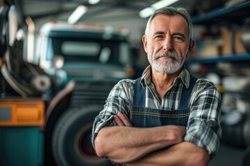 Fototapeta premium Portrait of truck repair shop owner with arms crossed looking at camera