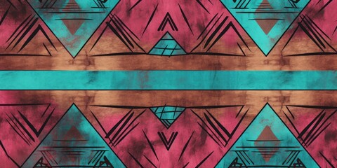 Pink, teal, and brown seamless African pattern, tribal motifs grunge texture on textile background