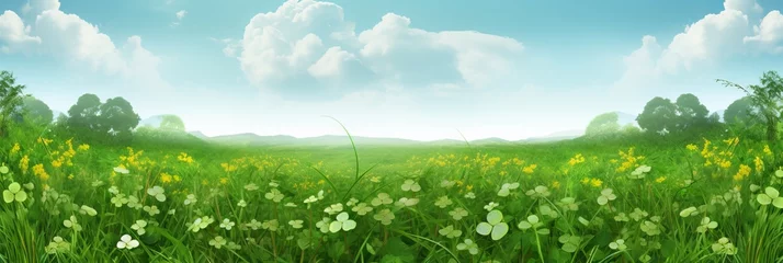 Foto op Canvas Beautiful outdoor flower meadow banner with space for text nature spring clover landscape scene © chelmicky