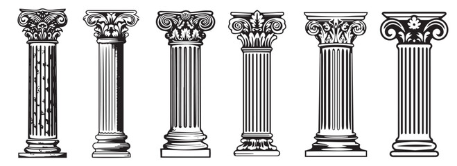 Greek decorative columns, black and white vectors - obrazy, fototapety, plakaty