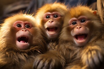 Curious and amusing monkeys looking at the camera with surprised expression and copy space for text