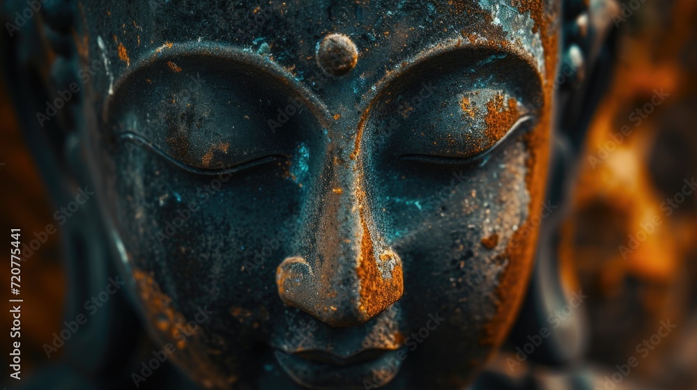 Poster A close-up view of a statue depicting the face of a person. This image can be used to add a touch of elegance and history to various projects