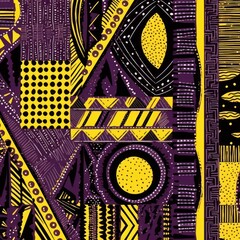 Plum, lemon, and charcoal seamless African pattern, tribal motifs grunge texture on textile