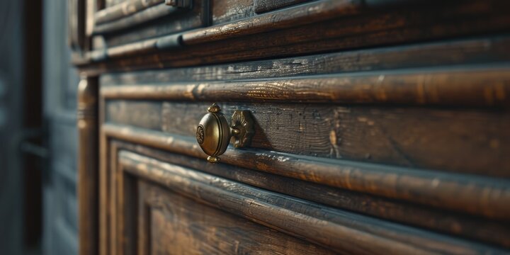 A detailed view of a wooden cabinet with brass knobs. Perfect for interior design projects or furniture catalogs