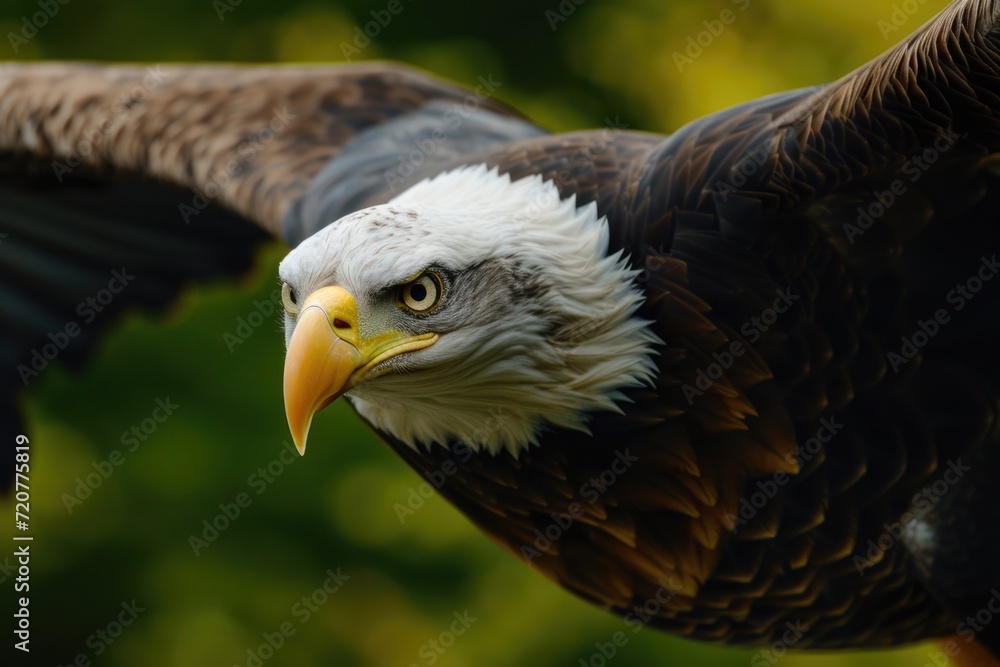 Poster a close up view of a bird of prey with its wings spread. this image can be used to depict the power 