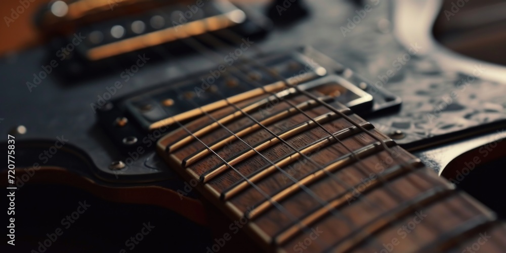 Poster a detailed close-up view of the strings on an electric guitar. this image can be used to showcase th