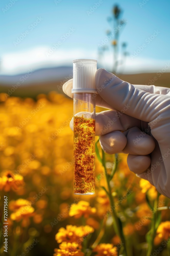 Poster a person holding a bottle of liquid in front of a beautiful field of flowers. this image can be used