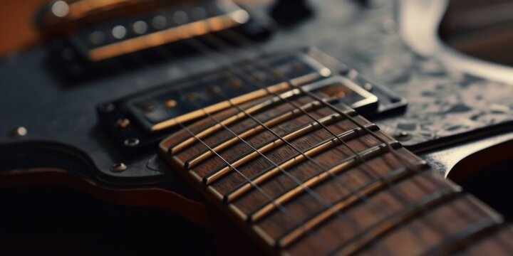 A detailed close-up view of the strings on an electric guitar. This image can be used to showcase the intricate details of a guitar or for any music-related projects