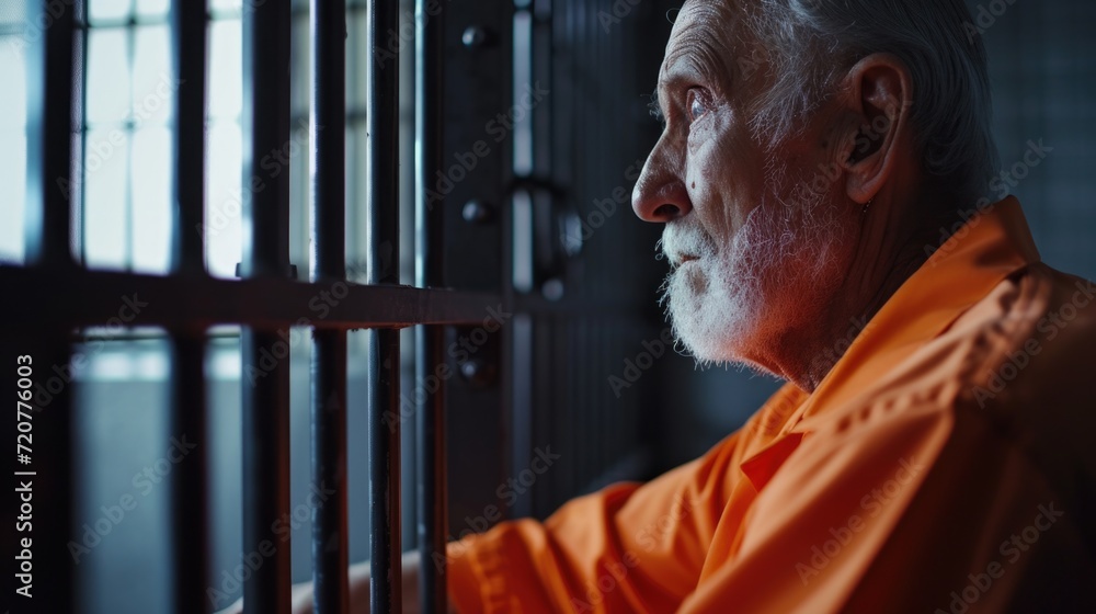 Poster a man in an orange shirt looking out of a window. suitable for various concepts and themes