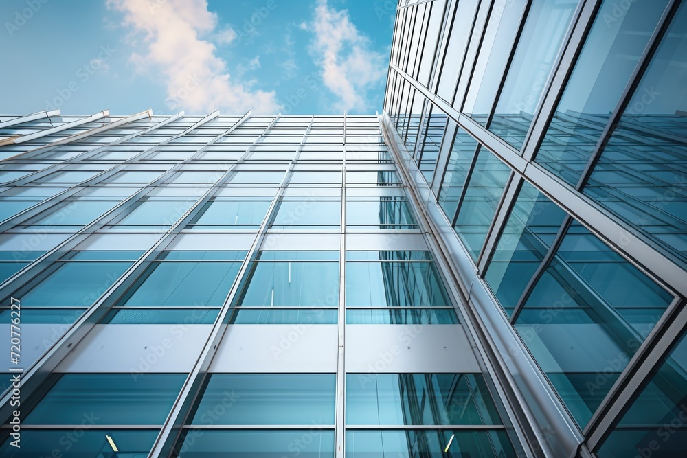Poster a tall glass building featuring a clock on its side. perfect for illustrating concepts of time, mode