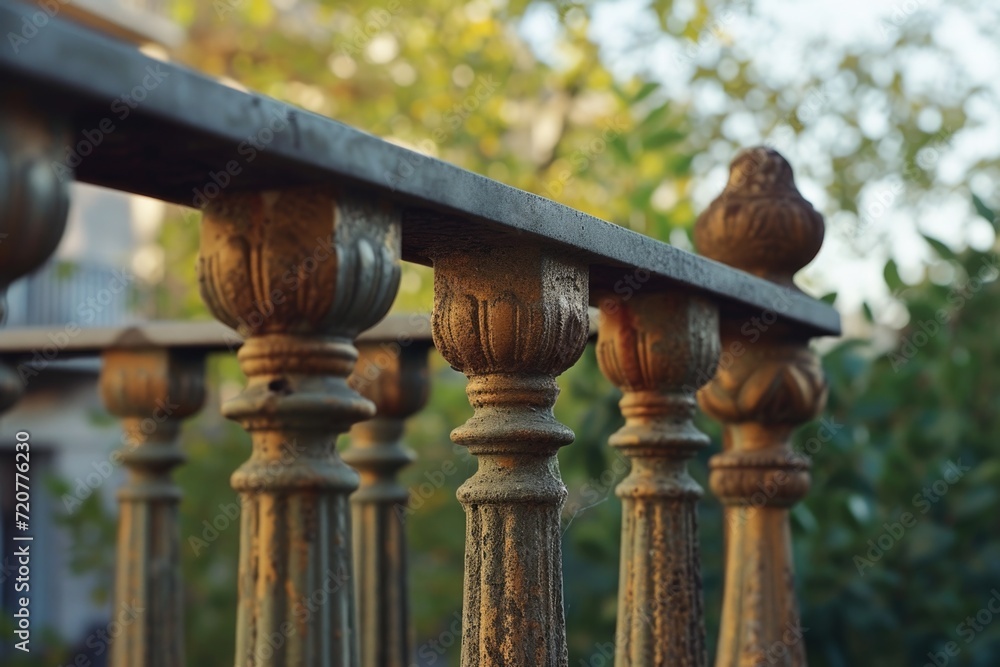 Poster A detailed view of a railing with a building in the background. Suitable for architectural and urban concepts