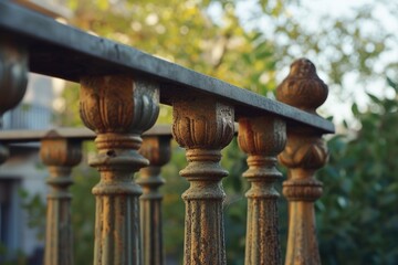 Naklejka premium A detailed view of a railing with a building in the background. Suitable for architectural and urban concepts