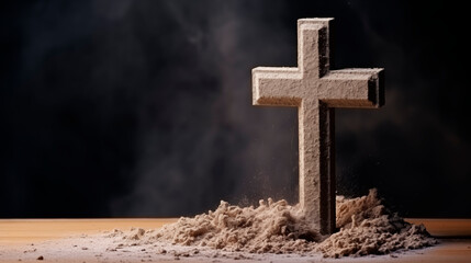 Wooden Christian cross - symbol Ash Wednesday, religion, sacrifice. Christian faith Jesus. holy holiday, sh Wednesday concept.