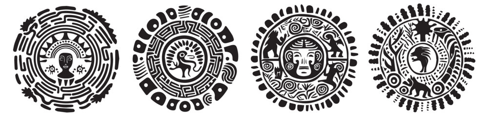 Circles decorated with Mayan patterns, ancient civilization, colorless vector graphics