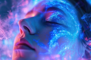 A close-up view of a woman's face illuminated by blue and pink lights. This image can be used to represent beauty, nightlife, or vibrant emotions