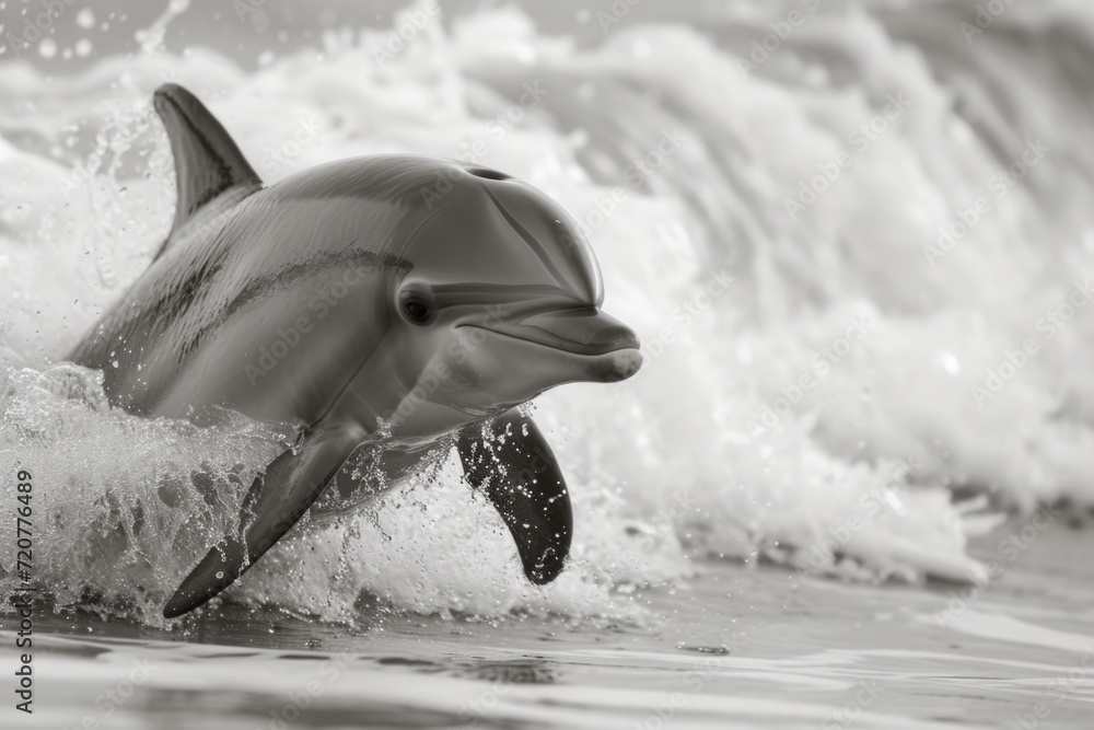 Poster A captivating black and white photo capturing the graceful movement of a dolphin in the water. Ideal for aquatic-themed projects or adding an elegant touch to any design