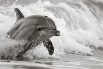 A captivating black and white photo capturing the graceful movement of a dolphin in the water. Ideal for aquatic-themed projects or adding an elegant touch to any design