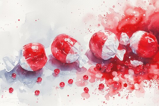 A painting of red and white candies on a white surface. Perfect for sweet treat themed designs