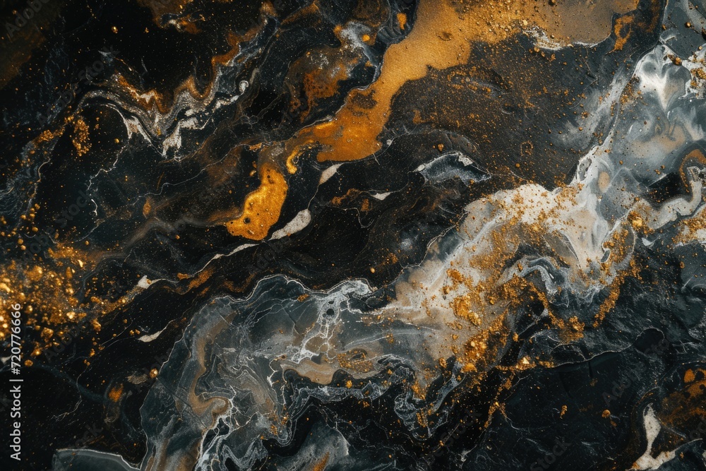 Poster A detailed view of a black and gold marble surface. This image can be used for various design projects