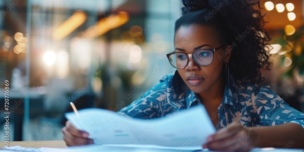 Poster a woman is sitting at a table with papers and a pen. this image can be used to depict someone workin