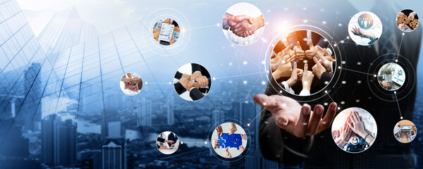 Teamwork and human resources HR management technology concept in corporate business with people...