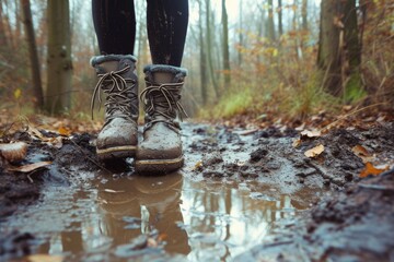 A person standing in a puddle of mud. Can be used to depict a messy situation or as a metaphor for being stuck in difficult circumstances - Powered by Adobe