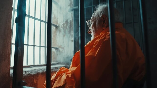 A man sits in a jail cell, gazing out the window. This image can be used to depict confinement, longing, or the desire for freedom
