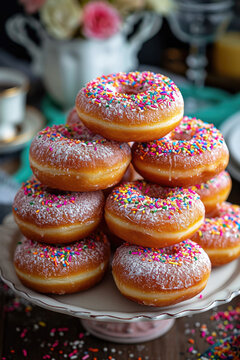 Donuts with powdered sugar glaze and colorful sprinkles arranged on a plate in a pyramid