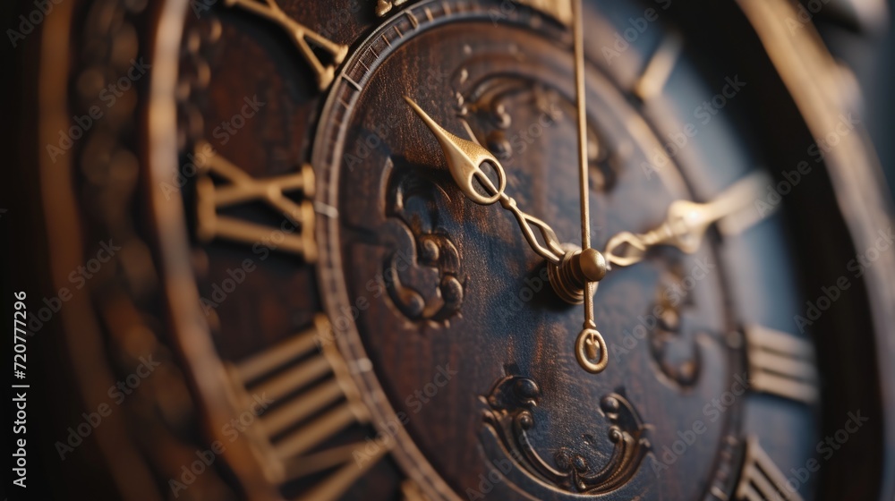 Aufkleber A detailed close-up view of a clock with classic Roman numerals. This image can be used to depict time, punctuality, history, or antique themes