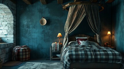 A bed canopy in a rustic plaid, set in a room with walls of a deep sea blue and a cozy cabin feel